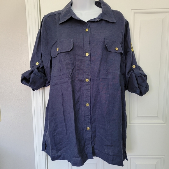 Jessica London Linen Blend Women's Roll Tab Navy Blue Gold Anchor Button Down 14 - Picture 2 of 12